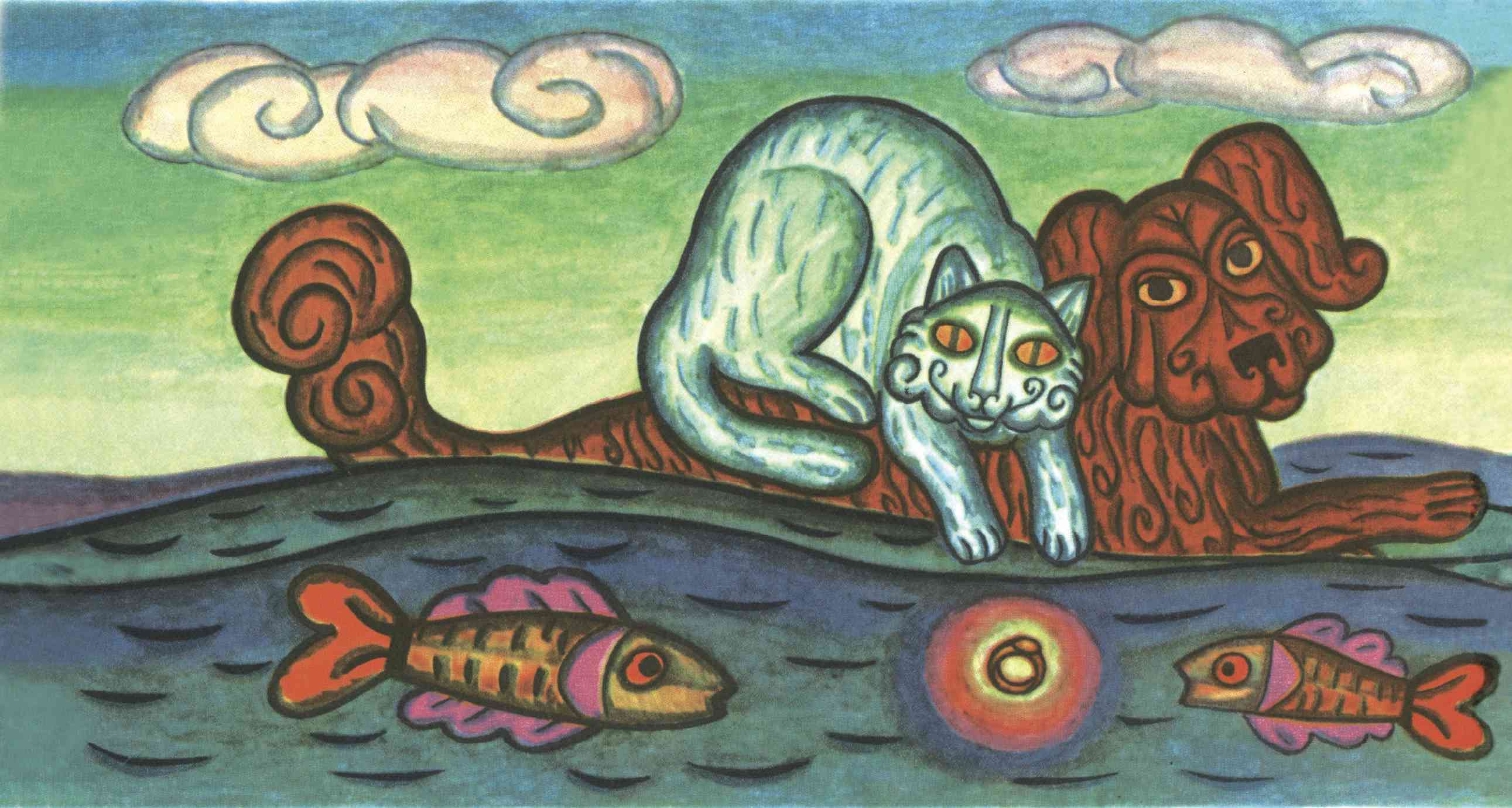 Illustration of a cat and a dog at sea