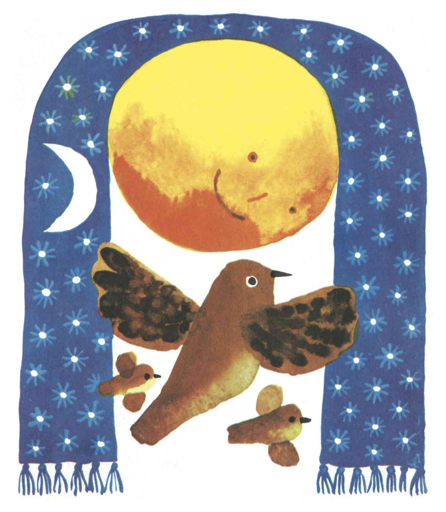 Children's illustration of sun, moon and birds
