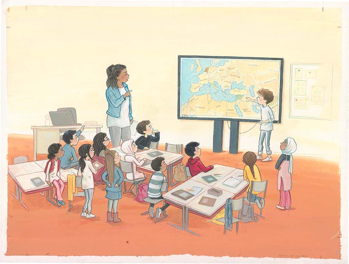 Classroom with children and world map